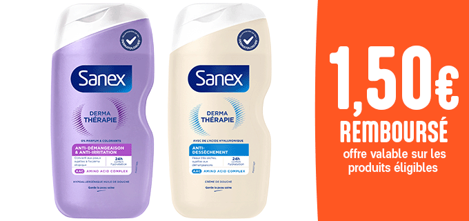 Promotion 1,50€ remboursé sur la gamme de gels douche SANEX DERMA THERAPIE