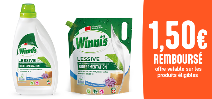 Promotion 1,50€ de réduction immédiate sur une lessive Winni's.