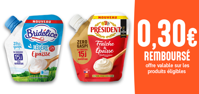 Promotion Poche de crème Président & Bridélice 30cl