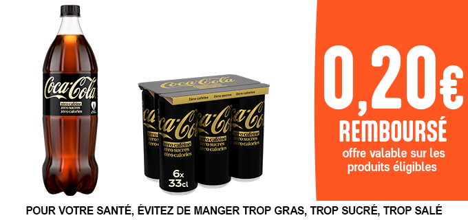 Promotion 0,20€ de réduction pour l'achat d'un produit de la gamme Coca-Cola Zéro Caféines Zéro Sucres !