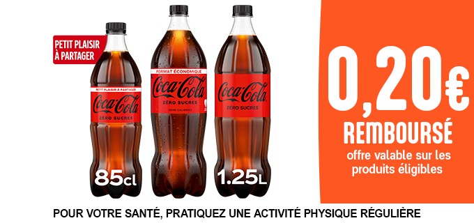 Promotion 0,20€ de réduction immédiate pour l'achat d'un produit de la gamme Coca-Cola Zéro Sucres !